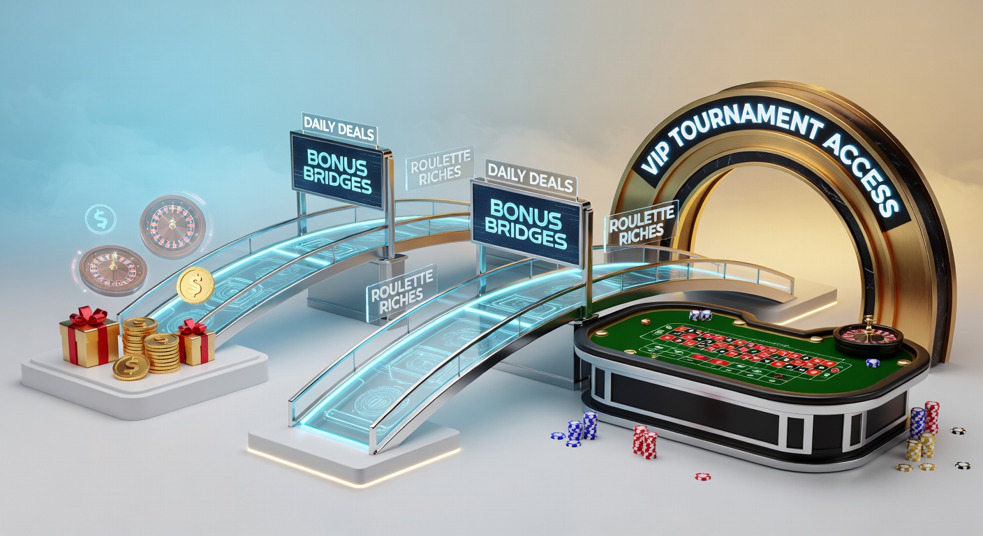 Vibrant roulette wheel with glowing bridges linking daily bonus icons to VIP tournament trophies, symbolizing reward pathways in online casinos