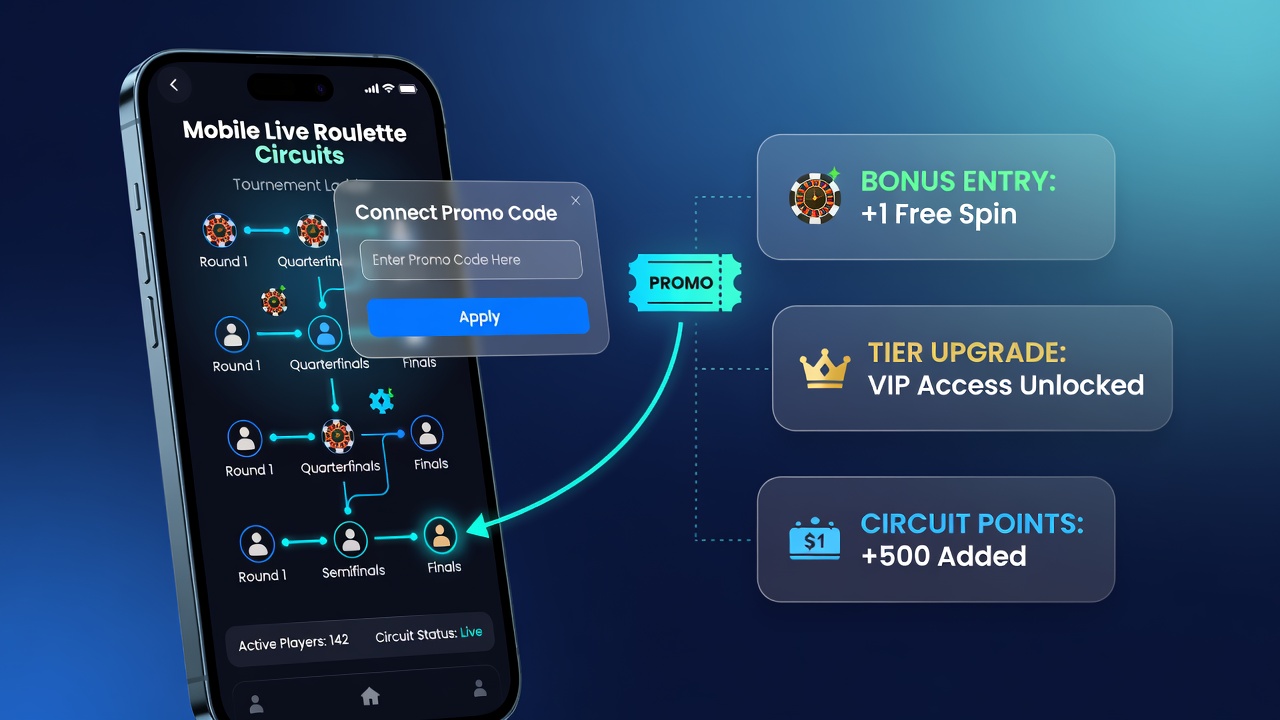 Detailed view of roulette tournament ladder with code integration markers and mobile device overlay