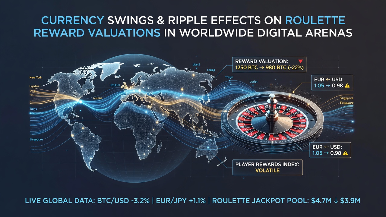 Digital roulette interface showing cross-border player reward conversions and live exchange rate overlays