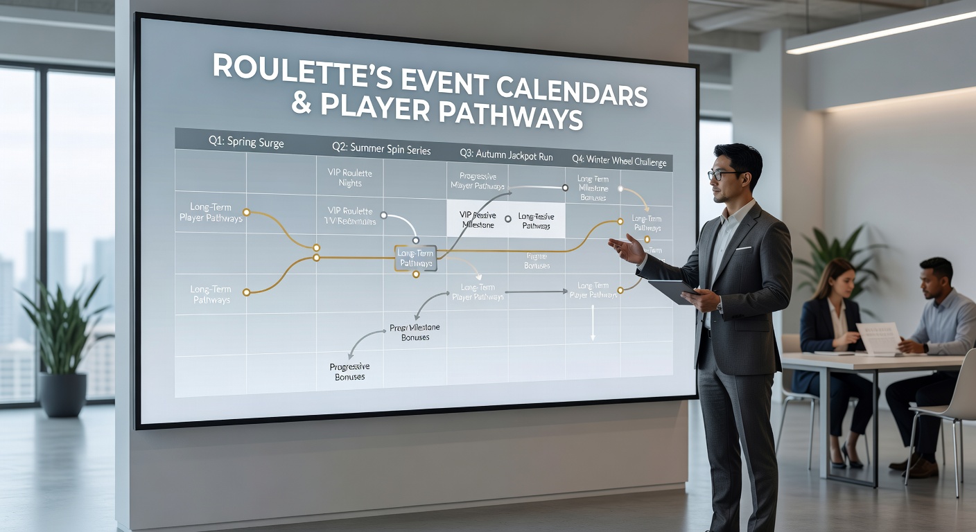 Calendar grid highlighting May 2026 roulette tournaments with player progression arrows connecting weekly events