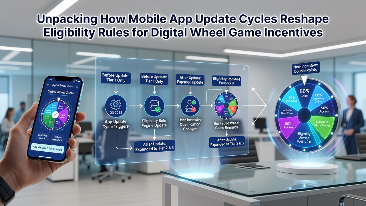 Regulatory compliance dashboard displaying updated eligibility rules for wheel game incentives following app updates