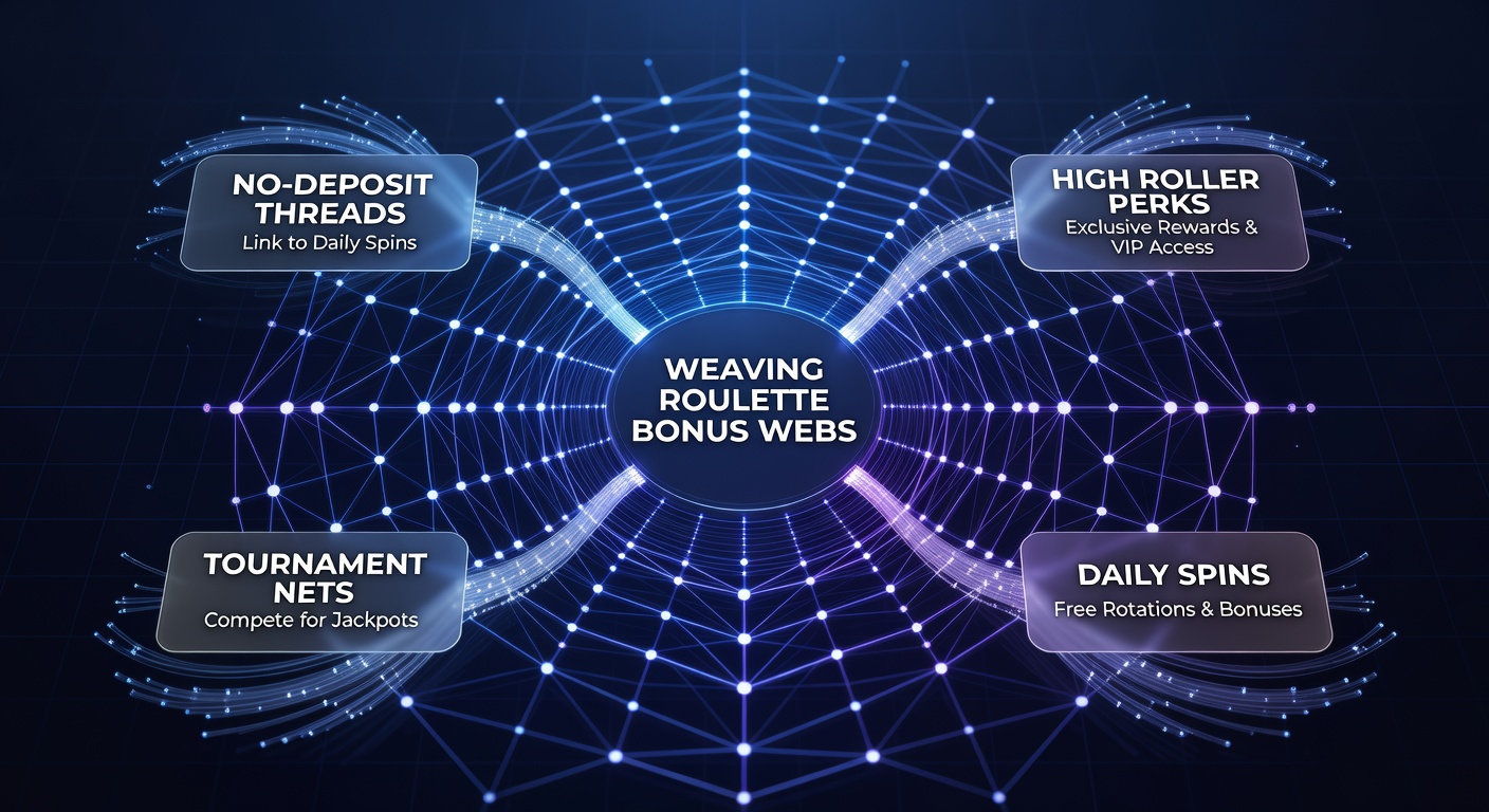 Illustration of interconnected roulette bonus networks showing no-deposit offers branching into spins, perks, and tournaments
